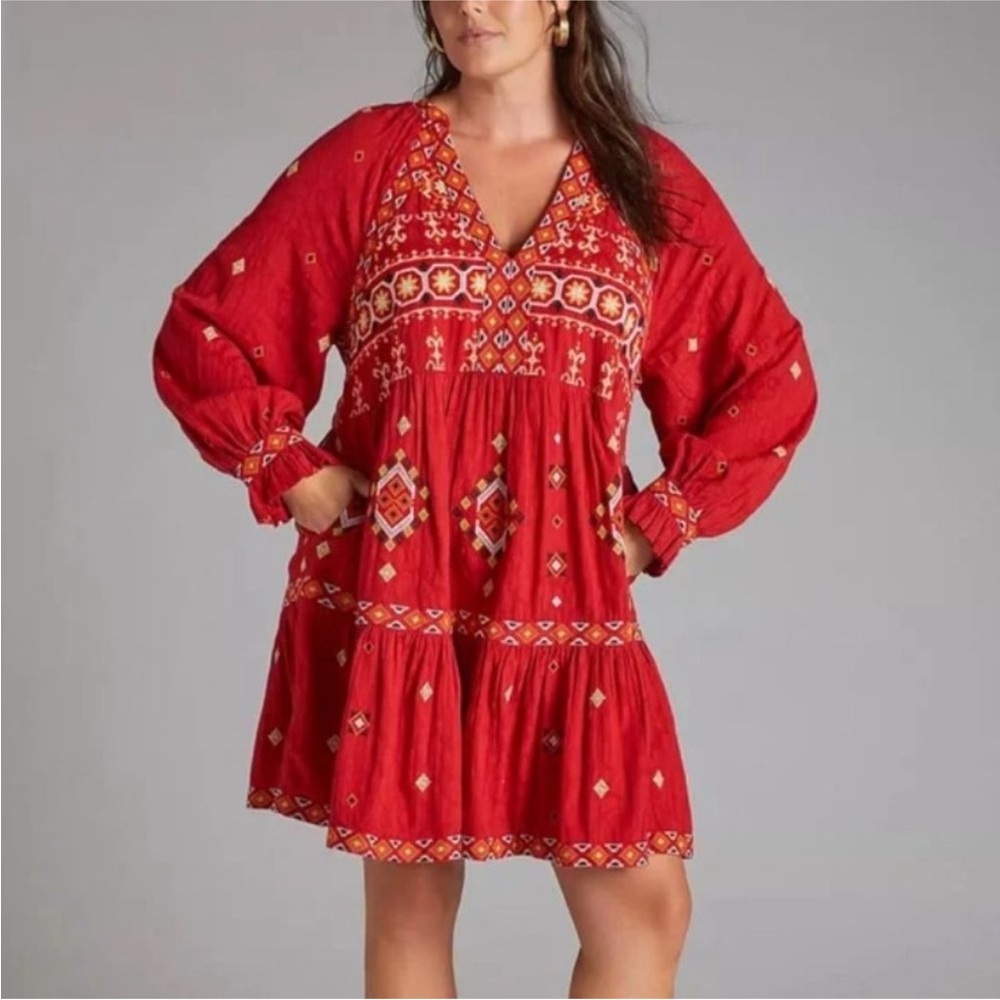 Anthropologie Embroidered Niamh Red Motif Raglan Sleeve Tunic
